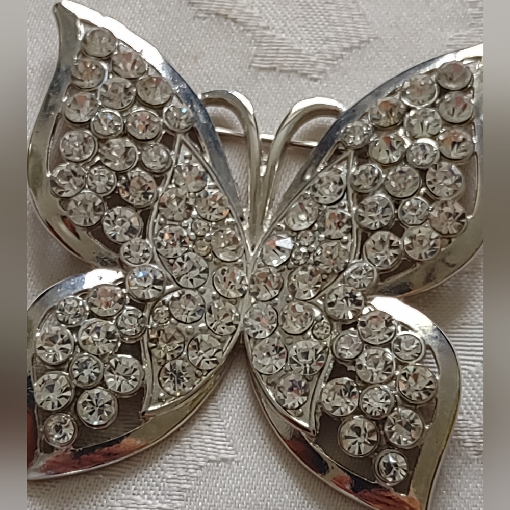 Crystals Silver Tone Large Butterfly Brooch